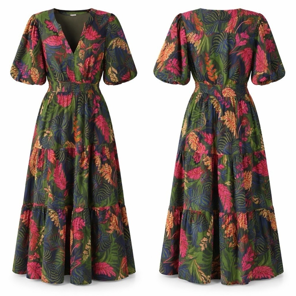 NWT Harlow & Rose Dress Medium Green Tropical Print Midi Tiered Vacation Boho